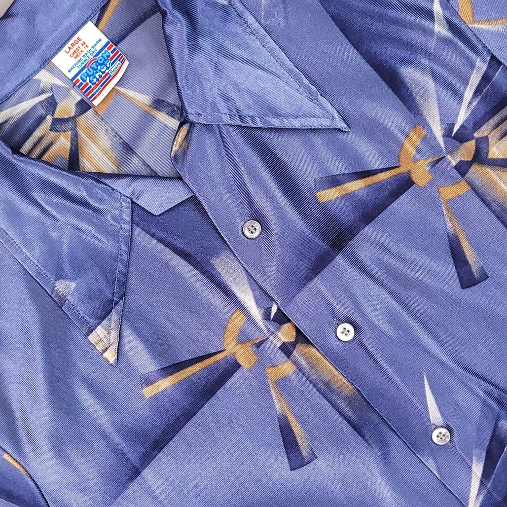 Vintage Sears Put On Shop Shirt Mens Large Blue Short Sleeve 70s Disco Collar